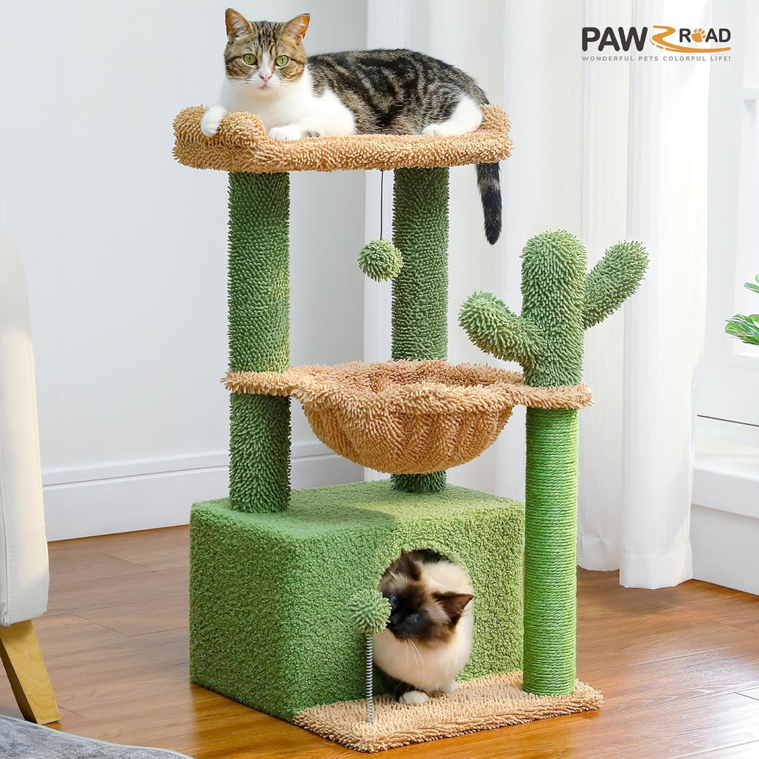 PAWZ Road Kaktus Katzenbaum für Indoor-Katzen mit Hängematte, Katzenturm mit Kratzbaum, grosser ober