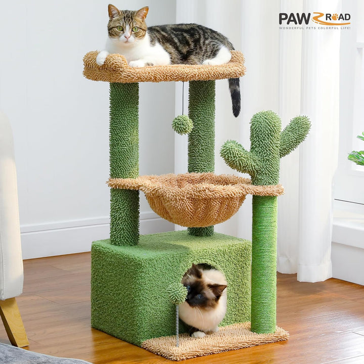 PAWZ Road Kaktus Katzenbaum für Indoor-Katzen mit Hängematte, Katzenturm mit Kratzbaum, grosser ober