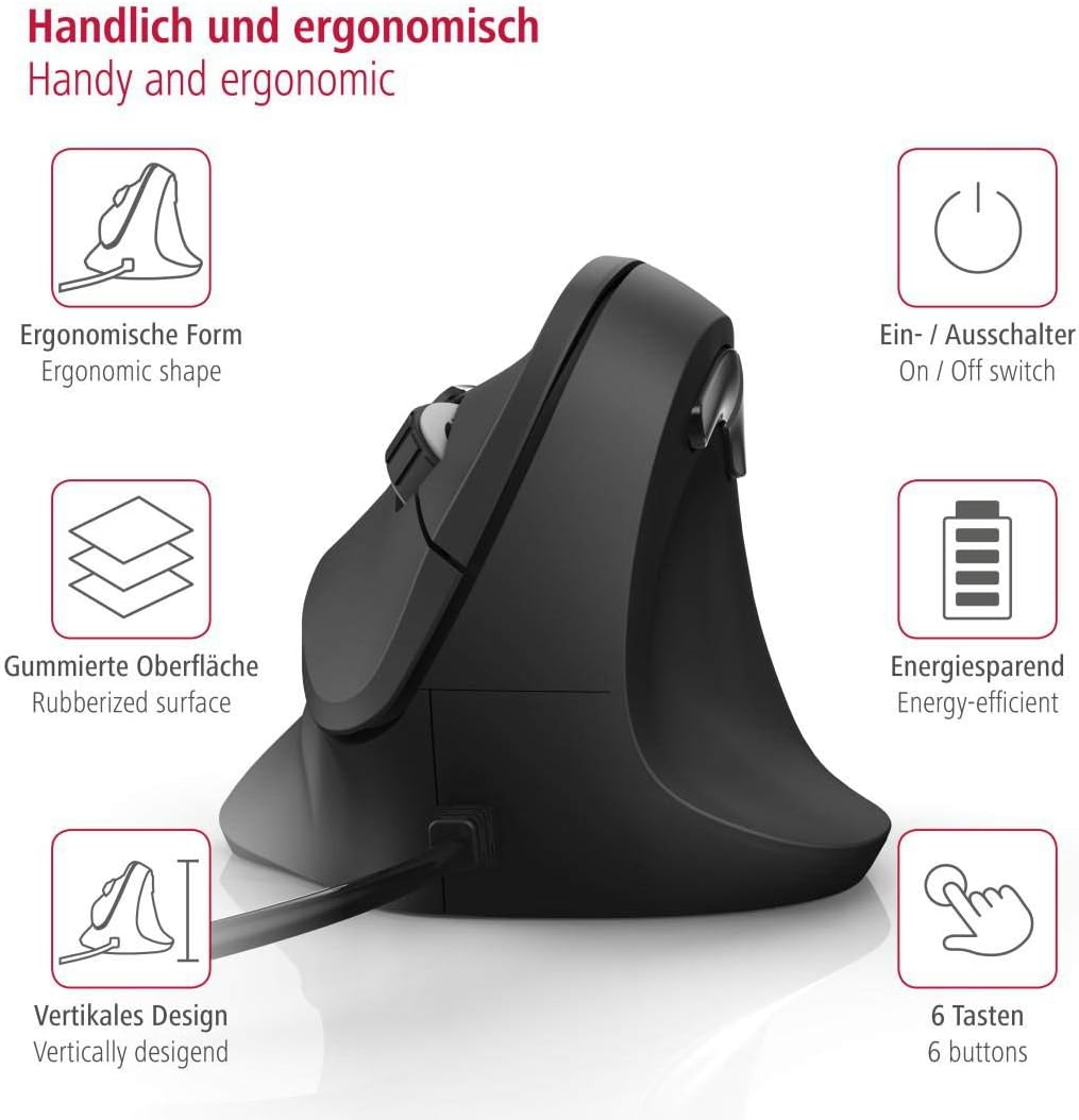 Hama ergonomische Maus (Vertikale Maus kabelgebunden für Rechtshänder, 3 Geschwindigkeitsstufen bis