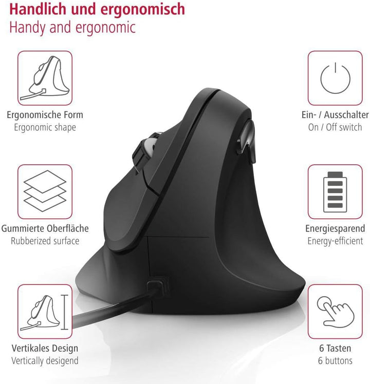 Hama ergonomische Maus (Vertikale Maus kabelgebunden für Rechtshänder, 3 Geschwindigkeitsstufen bis