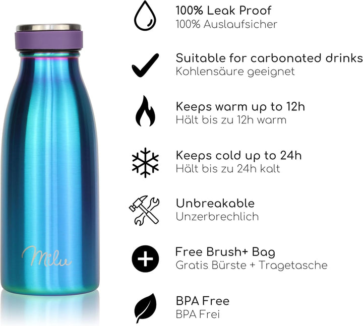 Milu Edelstahl Trinkflasche 350ml, 500ml, 750ml, 1L, 1,5L – Thermosflasche für Kinder Erwachsene aus