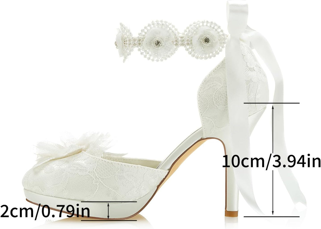 JIAJIA 3703L Damen Brautschuhe Closed Toe 8cm Stöckelabsatz Spitze Satin Plateau Pumps Satin Blumenb