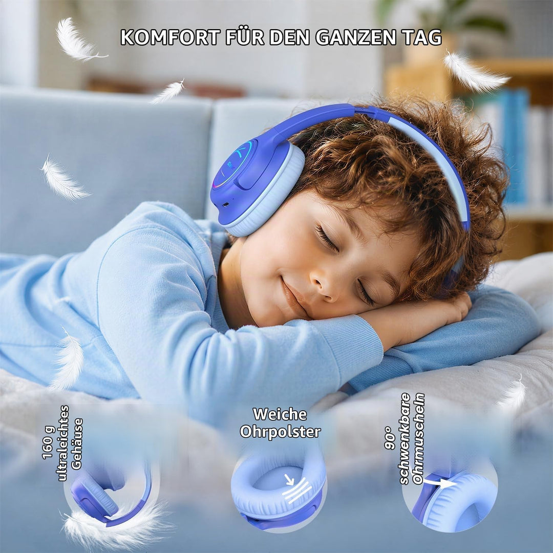 iClever Bluetooth Kopfhörer Kinder mit LED-Leuchten, 74/85dBA Lautstärkebegrenzung, 43 Stunden Spiel