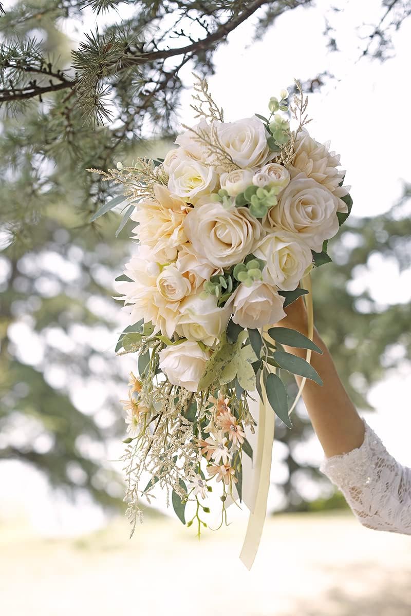 Ansofi Hochzeitssträusse für Braut, kaskadierende Blumensträusse für Braut, Beige Rose, künstlicher