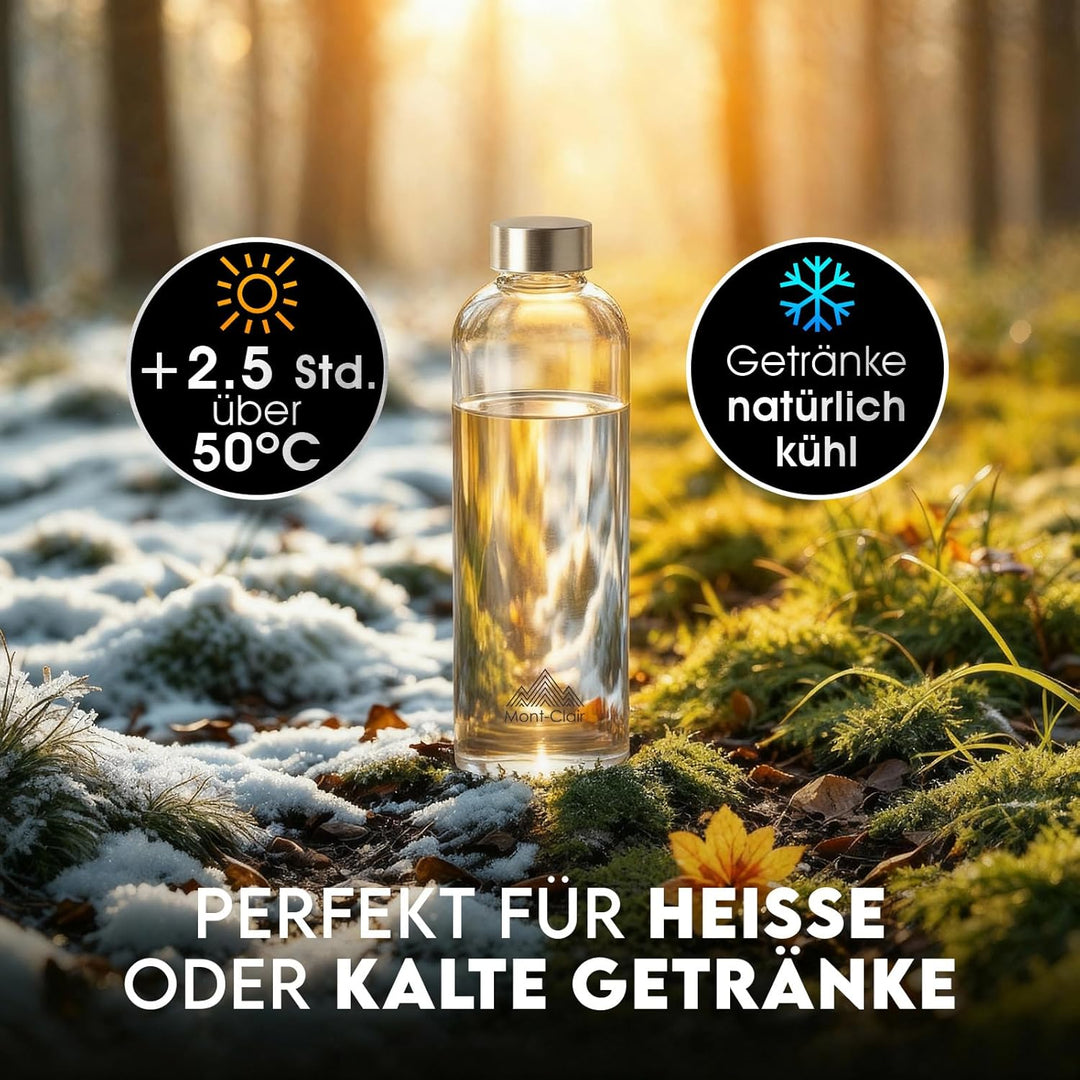 Mont-Clair Kristal Borosilikatglas Trinkflasche 1L - Wasserflasche Glas mit Neoprenhülle - Auslaufsi