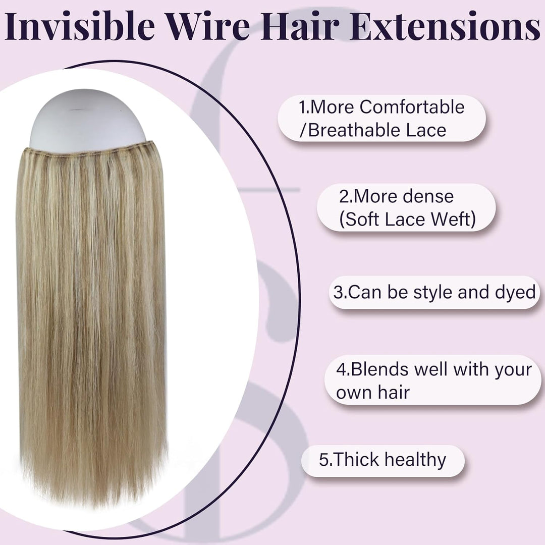 Fshine Draht on Extension Echthaar Hairpiece 40CM Highlight Goldblond Mit Hellblond 80 Gramm Fish Li