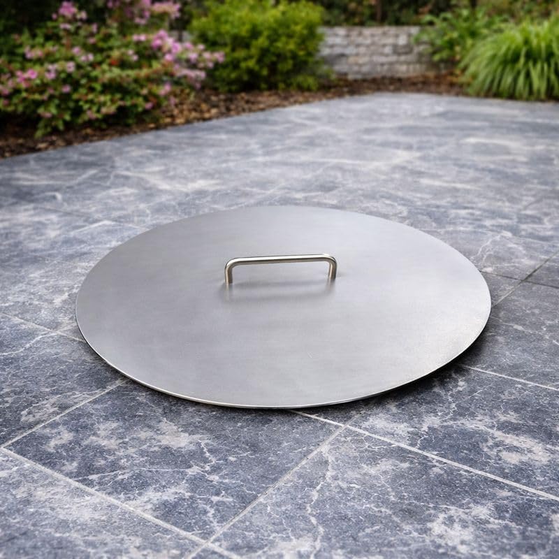 TiKo-Design Feuerschalendeckel aus Stahl rund, 42 cm Durchmesser, mit Griff, Silbergrau