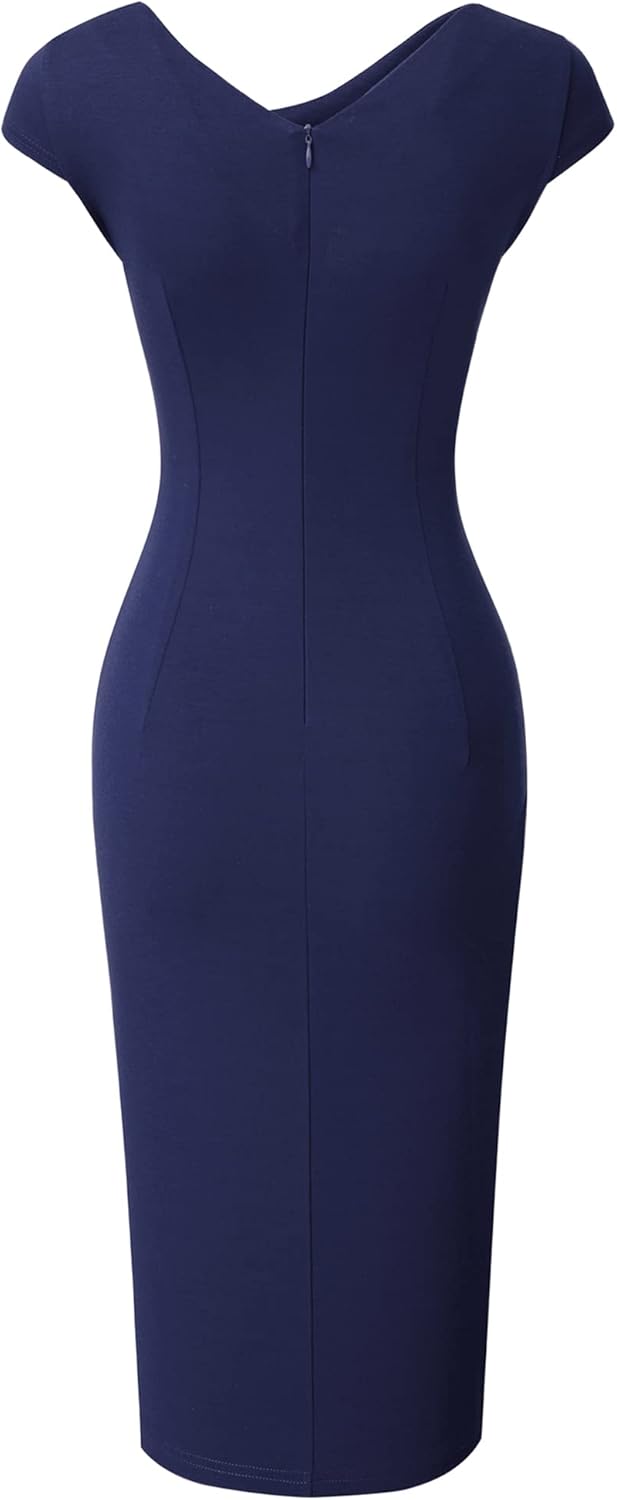 HOMEYEE Damen Vintage V-Ausschnitt Bodycon Business Bleistiftkleid mit Schlitz B700 M Marineblau, M
