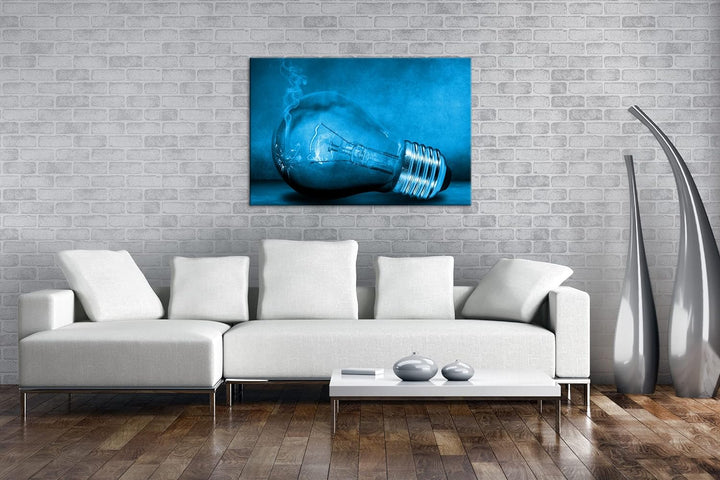 deyoli leuchtende Glühbirne Format 80x60 Effekt: Monocrome Blau als Leinwandbild, Motiv fertig gerah