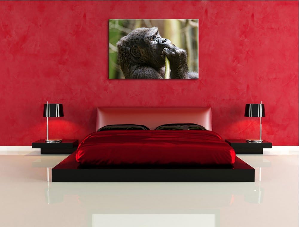 Pixxprint Gorilla isst auf Leinwand, XXL riesige Bilder fertig gerahmt mit Keilrahmen, Kunstdruck au