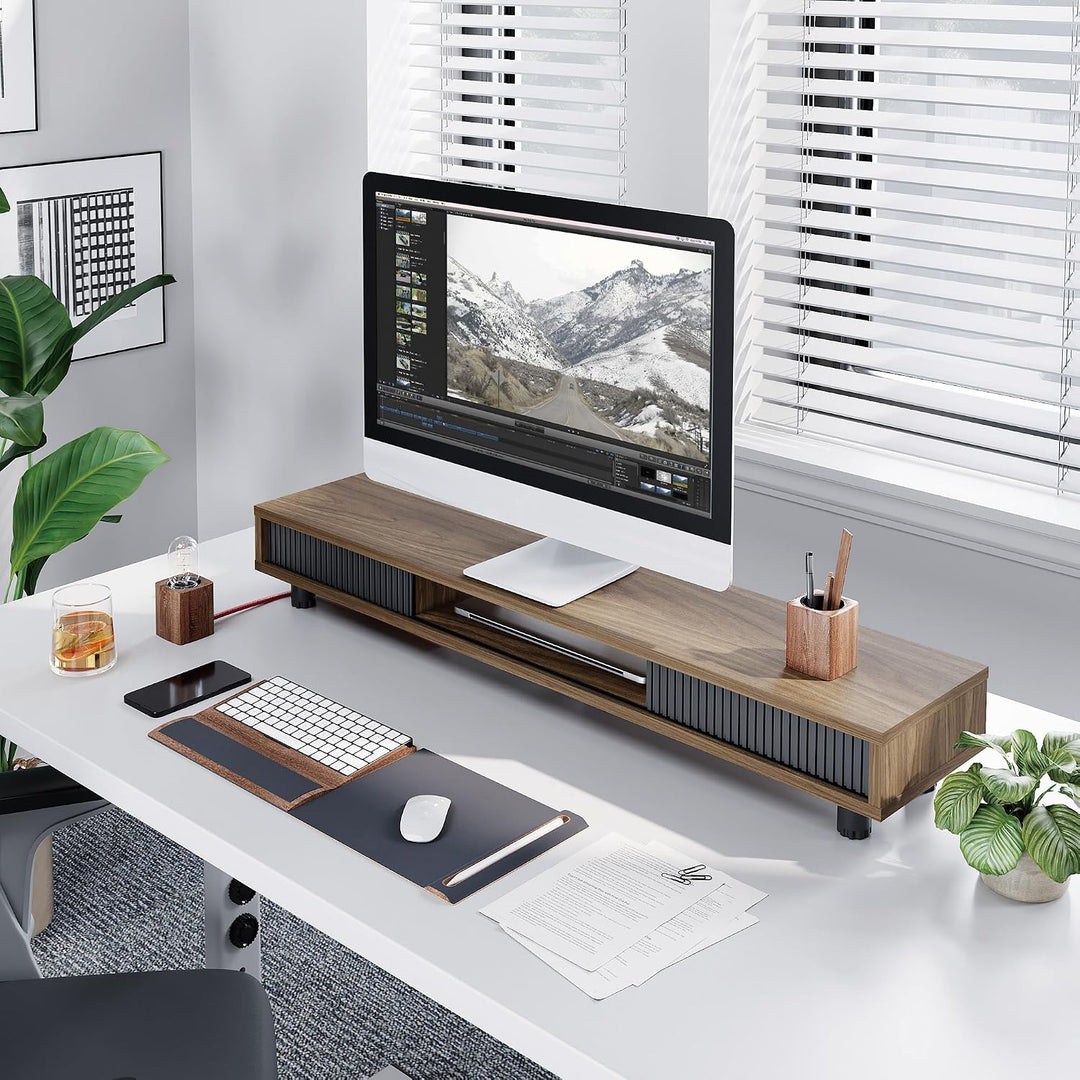 Fenge Dual Monitorständer 108cm Grosser Bildschirmständer mit 2 Glas-Schiebetür Höhenverstellbarer M