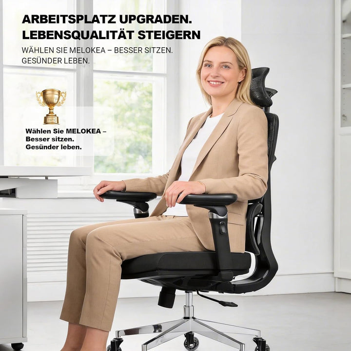 MELOKEA Bürostuhl Ergonomisch 200KG | 7D-Armlehnen | 6P Verstellbare Rückenlehne | Leises Gummirolle
