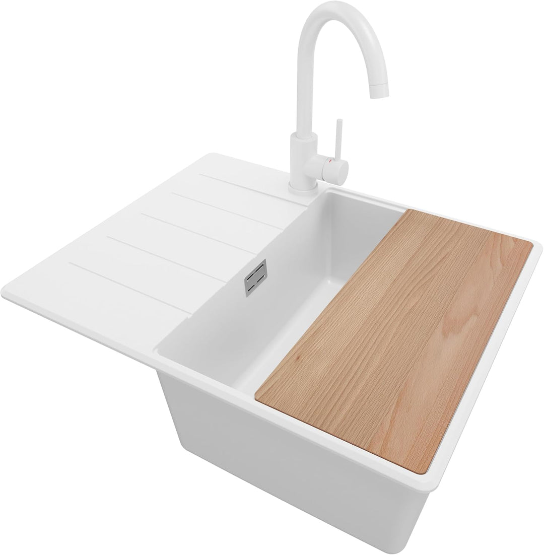 Spülbecken Weiss 62x50 cm, Granitspüle + Ablauf-Set + Küchenarmatur 5000, Küchenspüle für 45er Unter