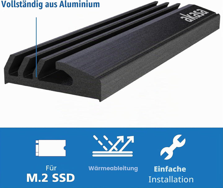 Akasa M.2 SSD Kühlkörper, Aluminium Kühlkörper Kühlrippen, Mit Thermoklebeband, Passend für M.2 2280