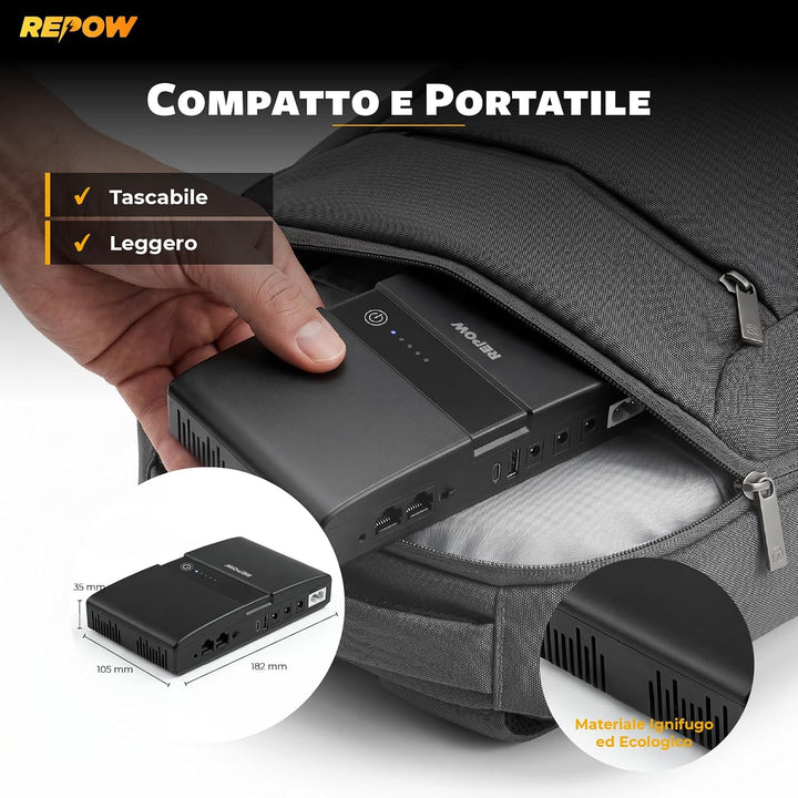 REPOW Mini USV DC 36W, PoE 24V/48V, Akku 20000mAh, Type-C USB, Router