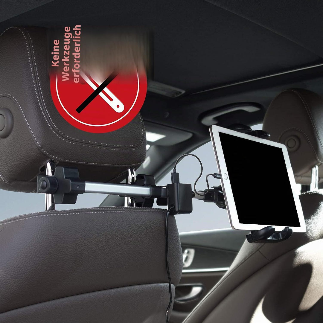 Macally Auto-Kopfstützen Tablet-Halterung mit USB-Lade-Hub & Zigarettenanzünder-Adapter – lädt 4 Ger