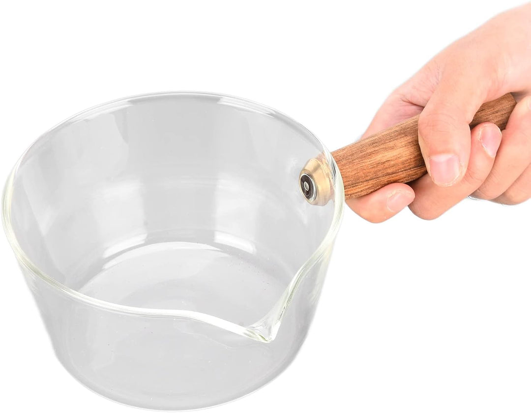 Stielkasserolle, Glas Milchtopf mit Holzgriff Kochtopf klein Stieltopf Nudeltopf mit V-förmige Tülle