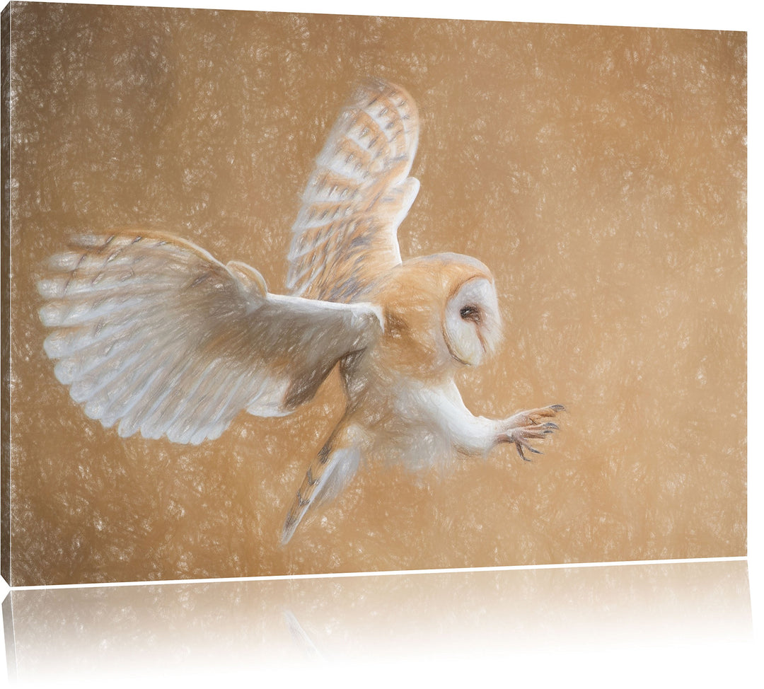 Pixxprint Fliegende Weisse Eule bei der Jagd Kunst Buntstift Effekt, Format: 100x70 auf Leinwand