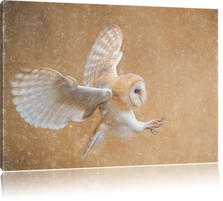 Pixxprint Fliegende Weisse Eule bei der Jagd Kunst Buntstift Effekt, Format: 100x70 auf Leinwand