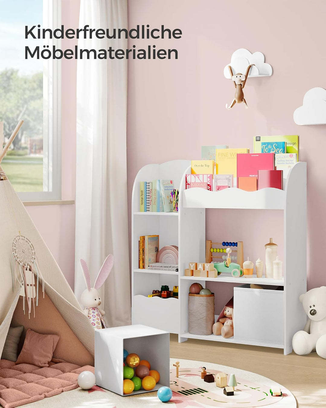 SONGMICS Bücherregal Kinder, Kinderregal, Spielzeugregal mit 2 Aufbewahrungsboxen, für Bücher, Kinde