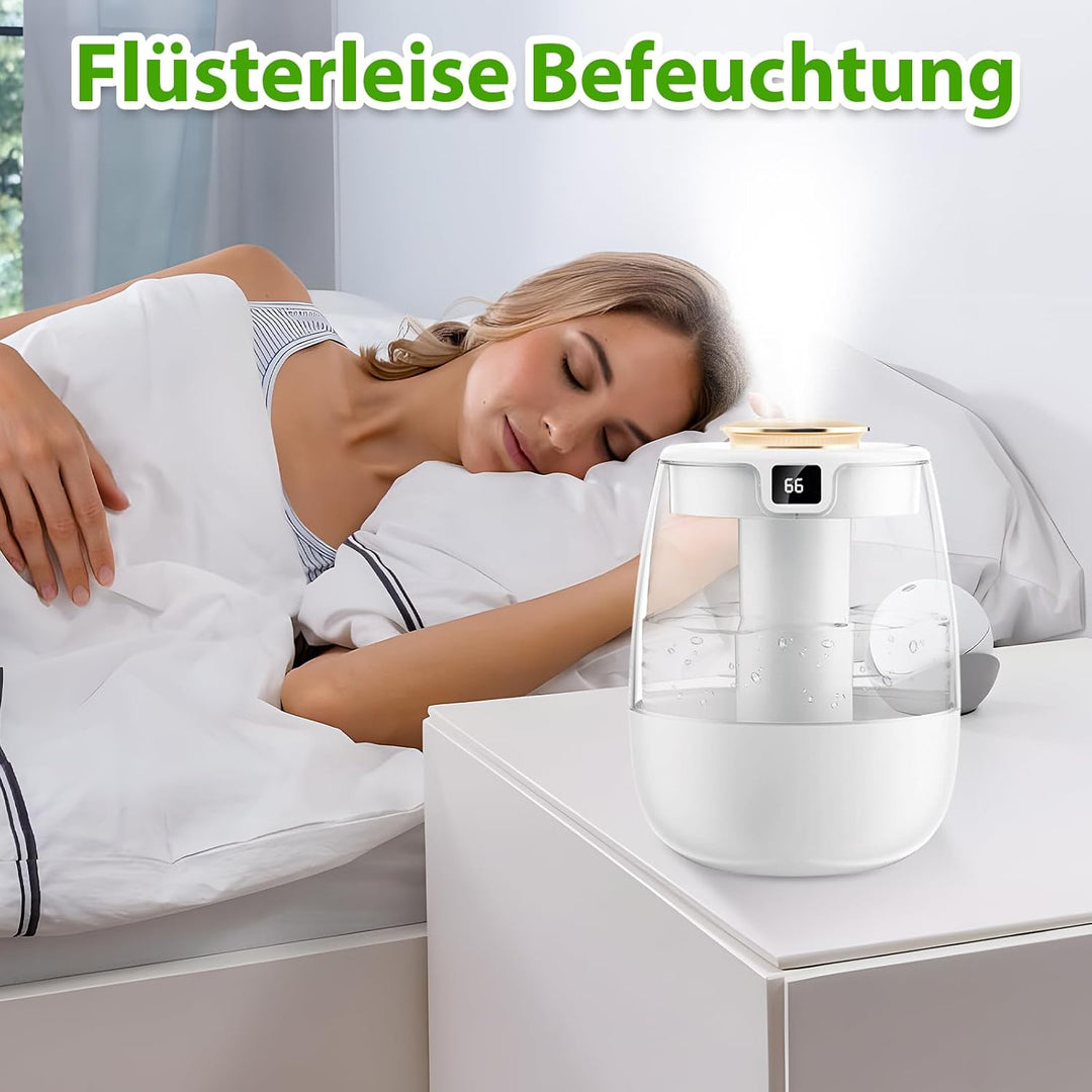 Luftbefeuchter, 1L Leise Humidifier mit 2 Loch, Luftbefeuchter mit leiser USB-Digitalanzeige, 2 Nebe