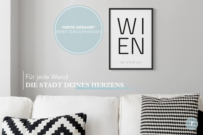 Papierschmiede® Geo Poster Koordinaten Wien, A3 Gerahmt im Holzrahmen (schwarz), Stadt Bild als Wand