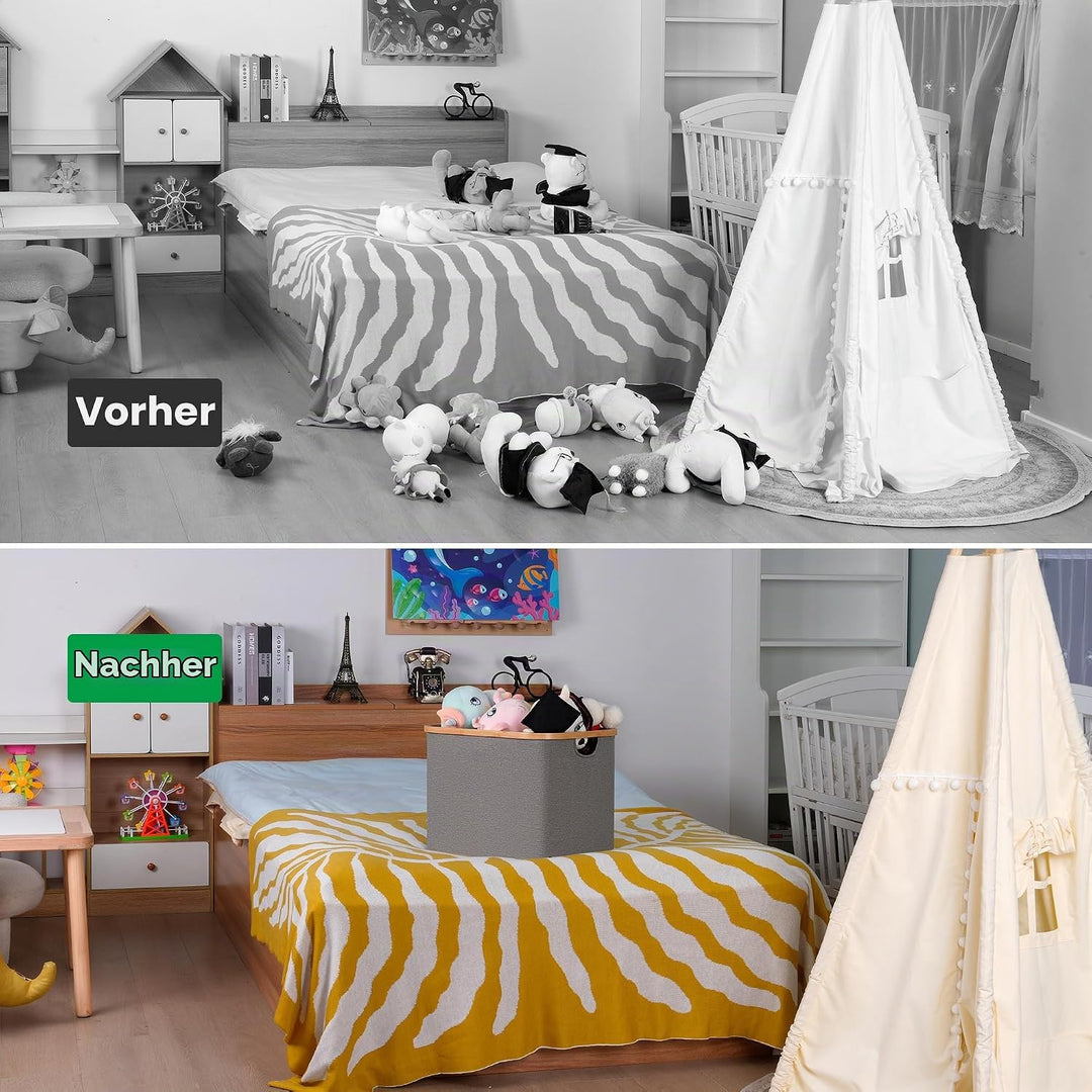 efluky Faltbarer Wäschekorb 50L, Bambus Stoff Faltbarer Storage Basket, Aufbewahrung Klappbar Wäsche