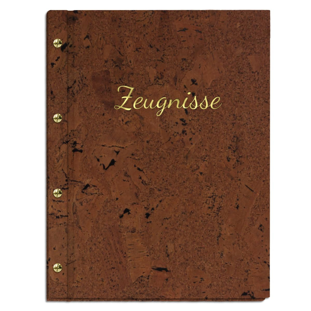 Handgefertigte Zeugnismappe im dunklen Korkeinband mit exclusivem Prägedruck in verschiedenen Farben