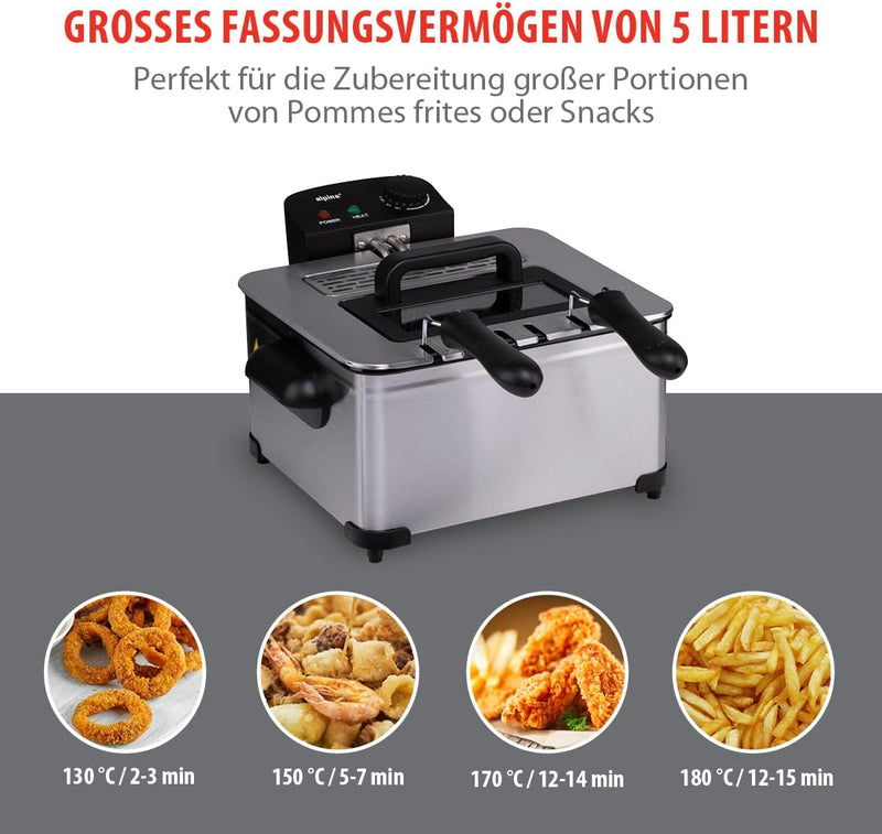 alpina Friteuse 5 Liter - Friteuse mit Fett - Friteuse Öl 200W - Zwei Frittierkörbe - Einstellbare T