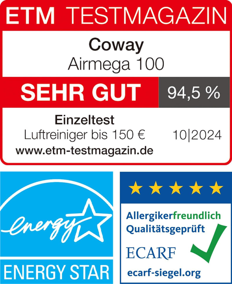 Coway Airmega 100 Energieeffizienz Luftreiniger Allergiker, langlebiger HEPA Luftfilter, superleiser