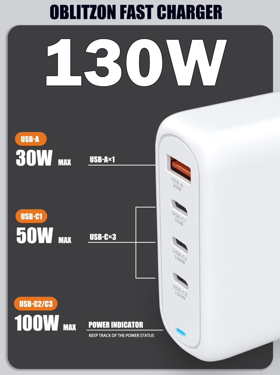 130W USB C Ladegerät, Type C PD 100W+QC 30W PPS GaN Netzteil mit 100W Schnellladekabel 4-Port USB C