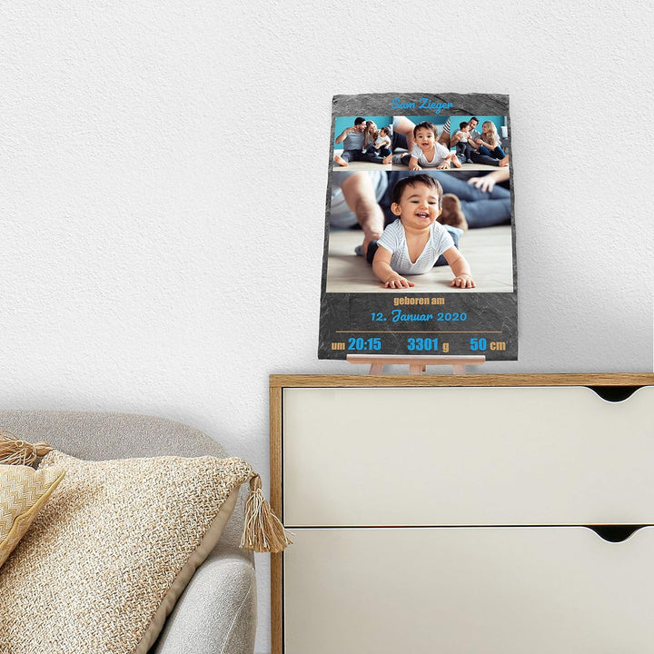 wandmotiv24 Schieferplatte mit eigenen Fotos zur Geburt, 20 x 30 cm, inklusive Staffelei, 4 Fotos +