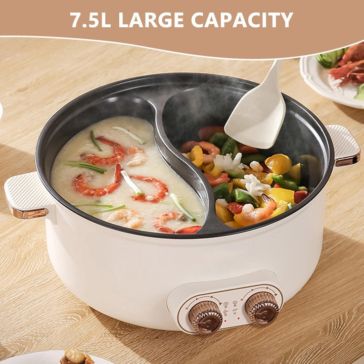 Hot Pot Elektrisch, 7.5L Doppelter Topf mit Zwei Reglern, 1600W Elektrischer Kochtopf mit Trennwand