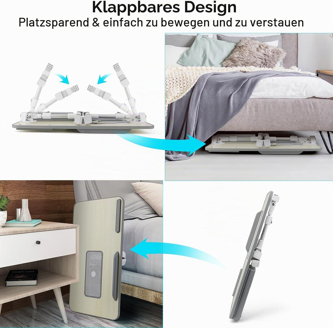 Laptoptisch fürs Bett, Höhenverstellbar, Winkelverstellbar, Betttisch Klappbar mit Laptop Kühler, Sc