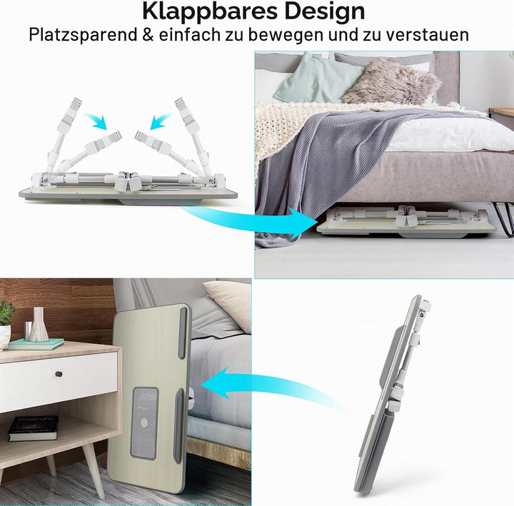 Laptoptisch fürs Bett, Höhenverstellbar, Winkelverstellbar, Betttisch Klappbar mit Laptop Kühler, Sc