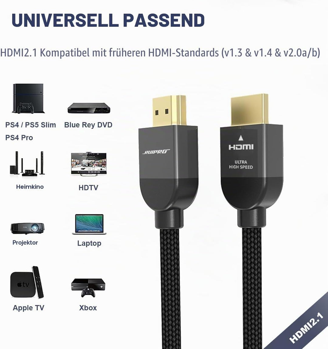 RUIPRO 8K Zertifiziert HDMI 2.1 Kabel 2M Ultra HD High Speed 48Gbps 8K@60Hz 4K@120Hz Dynamisches HDR