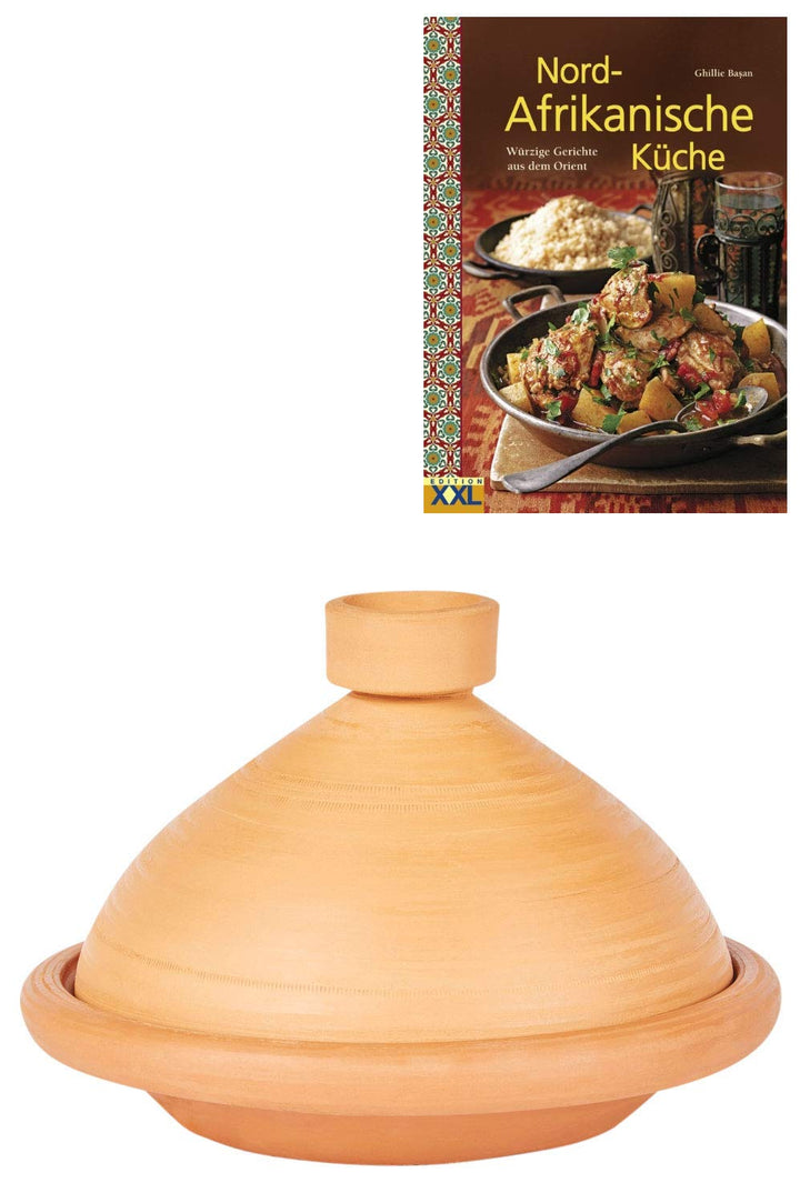 Marokkanische Tajine Topf zum Kochen + Kochbuch | Schmortopf Unglasiert Tuareg Ø 36cm für 5-8 Person