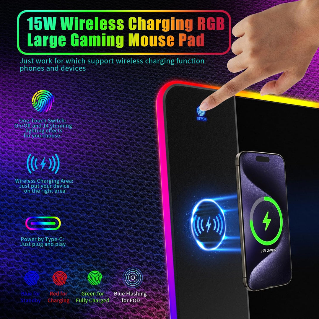RGB-Gaming-Mauspad mit 15 W kabelloser Aufladung,XXL grosses LED-Schreibtischpad mit 14 Lichtmodi,er