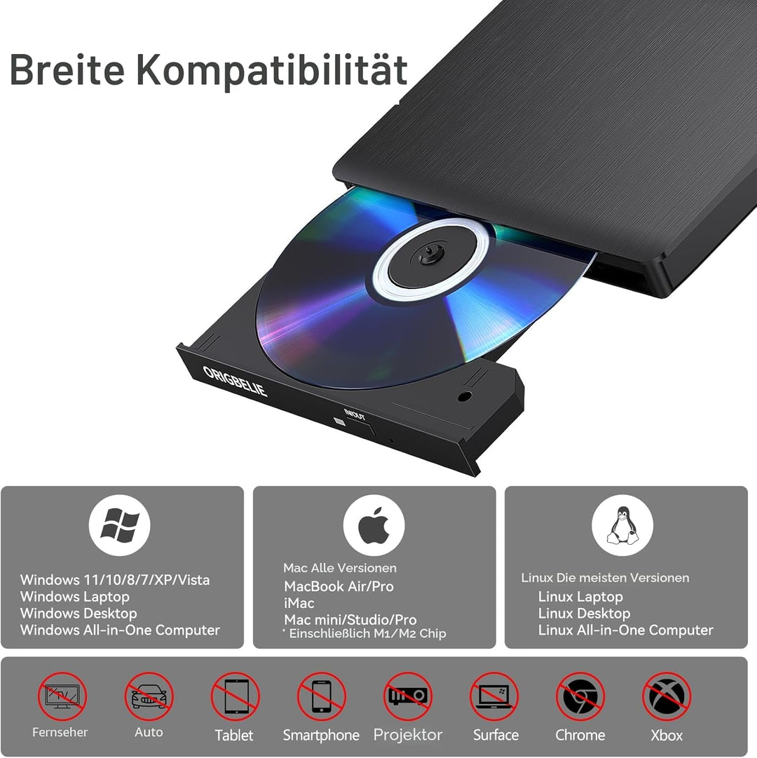 Externes DVD Laufwerk, USB 3.0 Externer DVD Brenner +/-RW CD ROM Externe Optische Laufwerke Tragbare