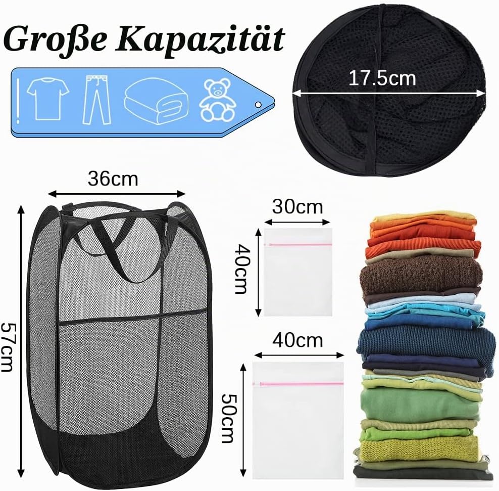 4Pcs Mesh Falten Wäschekörbe, 75L grosse Pop-up Wäsche Hamper Bins zusammenklappbar mit Griffen und