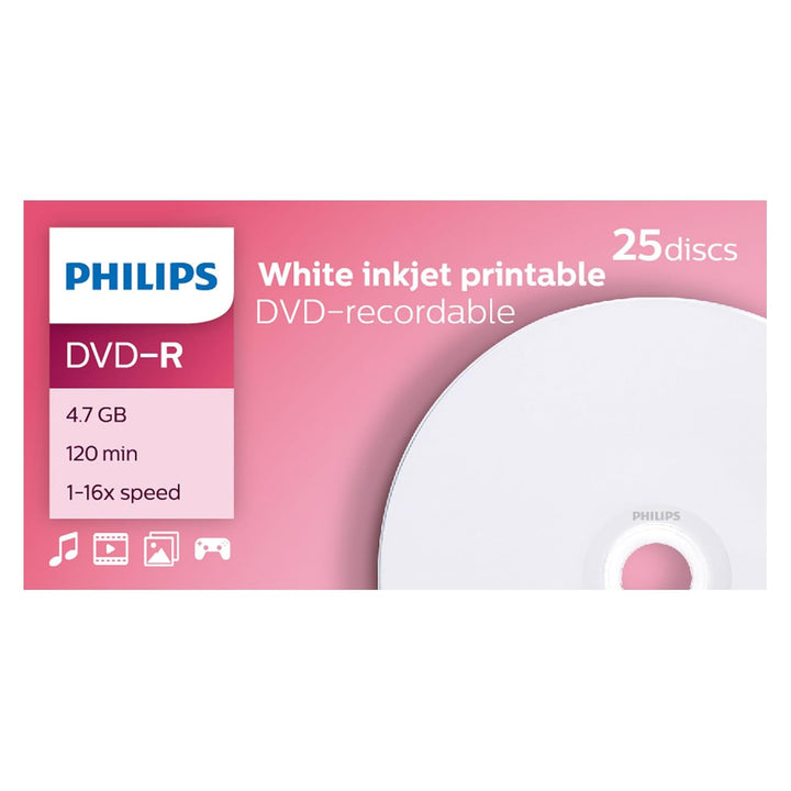 Philips DVD-R Rohlinge bedruckbar High-Speed (4.7 GB /120 Minuten Video, 1-16x Speed, 25er Spindel,