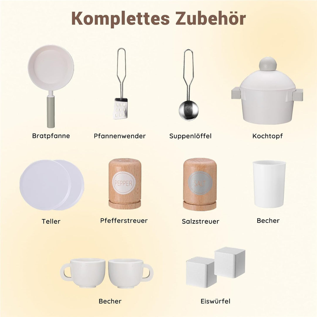 SainSmart Jr. Kinderküche Holz Spielküche für Kinder, Creme – mit Licht & Sound, Eiswürfelspender, M