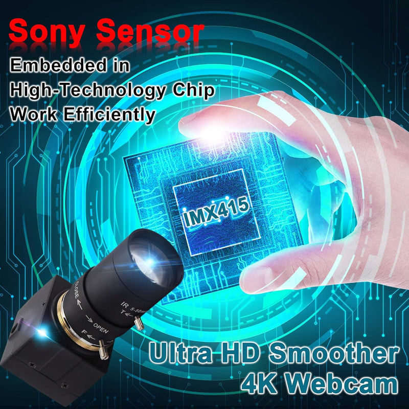 ELP 4K Webcam,2160P Zoom Web Kamera mit 5-50mm Manuell Objektiv,Variable Fokus Ultra HD Kamera,Plug