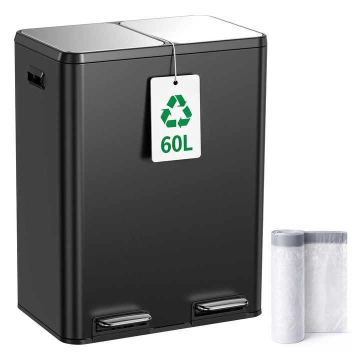 YEAUPE PRO Mülleimer Küche 2x30L Edelstahl, 60L Schwarz Doppel Treteimer Mülltrennung, Abfalleimer m