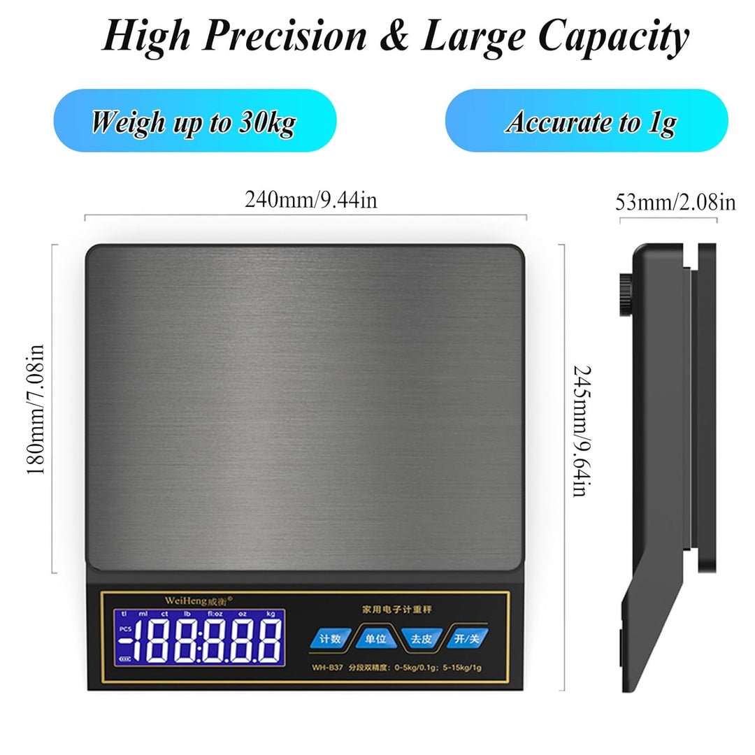 Waage Küchenwaage, Edelstahl Digitalwaage 30kg/66lb mit 9 Masseinheit, PCS Zähl, Auto Shutdown, Tara