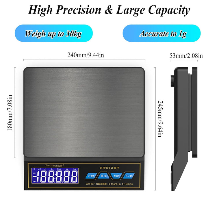 Waage Küchenwaage, Edelstahl Digitalwaage 30kg/66lb mit 9 Masseinheit, PCS Zähl, Auto Shutdown, Tara