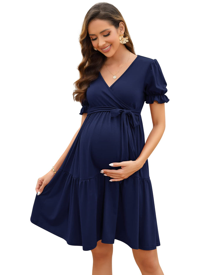 KOJOOIN Damen Umstandskleid V-Ausschnitt Stillkleid Elegant Puff Ärmel Schwangerschafts Kleider mit