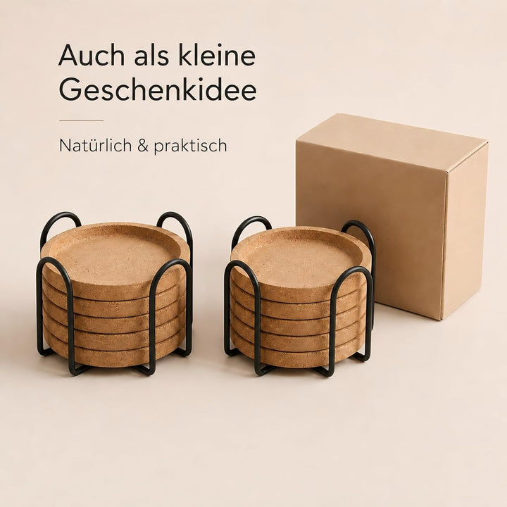 10 Stück Korkuntersetzer Rund mit Rand &amp; Metallhalter