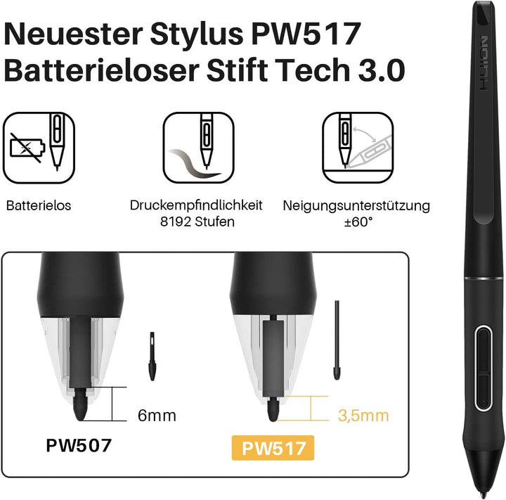 HUION Kamvas 16 Grafiktablett mit Display, 15,6 Zoll，8192 Stufen Batterieloser Stift, 10 Tasten Zeic