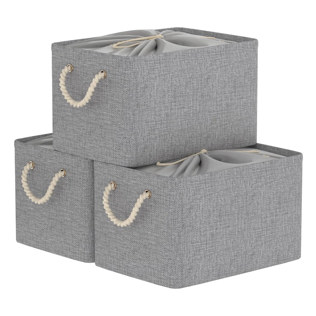 Yawinhe 3er Set Aufbewahrungsbox mit Deckel,Faltboxen aus Stoff mit Kordelzug-Abdeckung und 2 Griffe